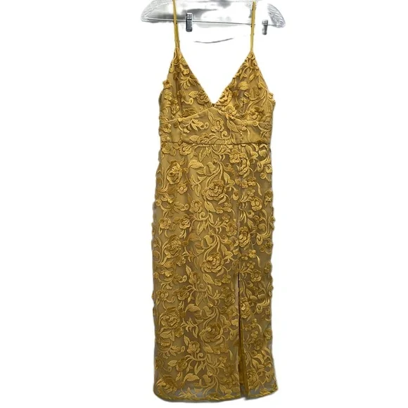 Lovers & Friends Goldenrod Floral Embroidered Mesh Spaghetti Strap Dress Medium - Picture 2 of 10